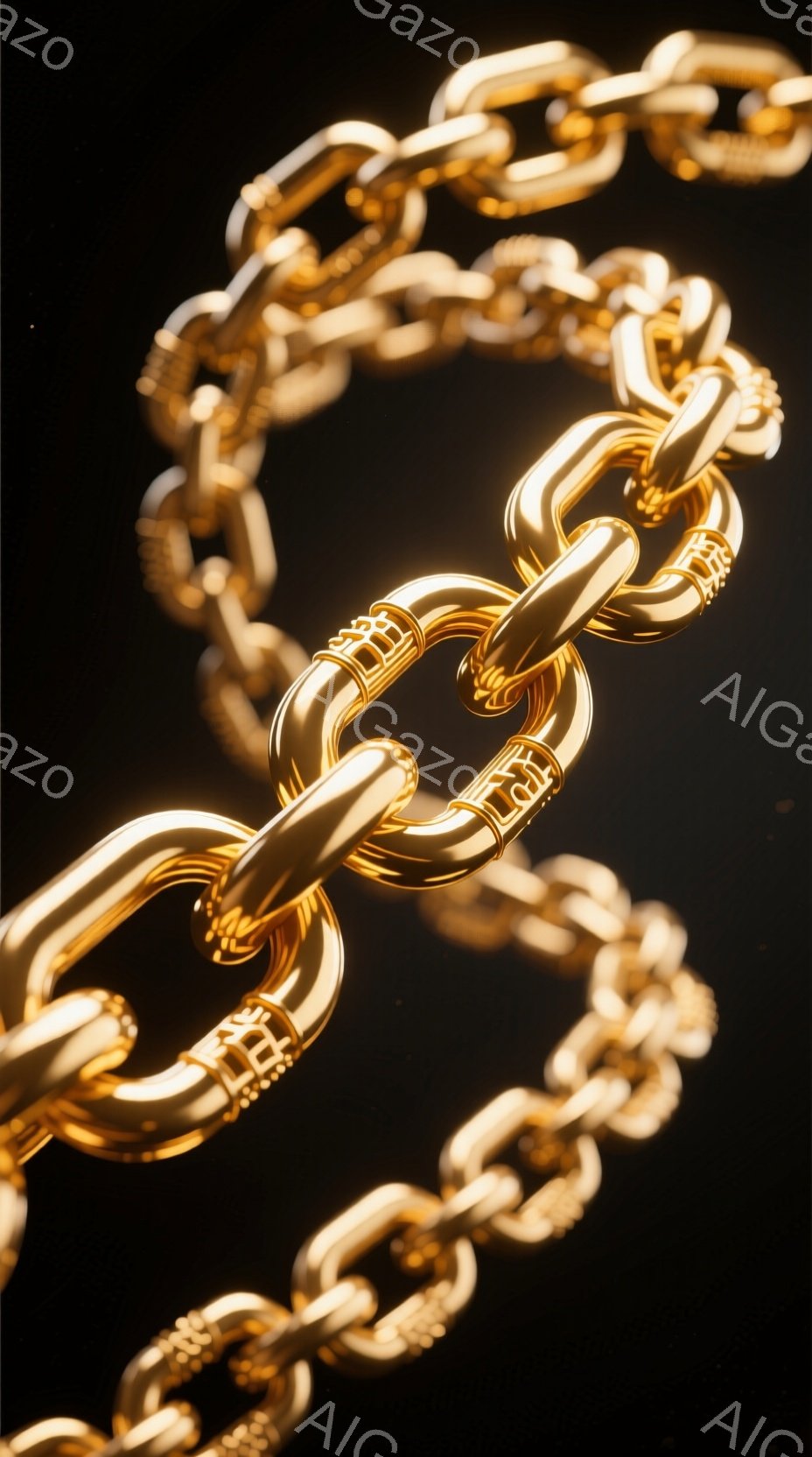 画像は、光沢のある金色のチェーンが暗い背景に浮かび上がっています。チェーンのリンクは太く、洗練されたデザインで、まるで高価なジュエリーのようです。光の反射が強く、高級感と重厚感が漂うイメージです。 - AI生成フリー素材
