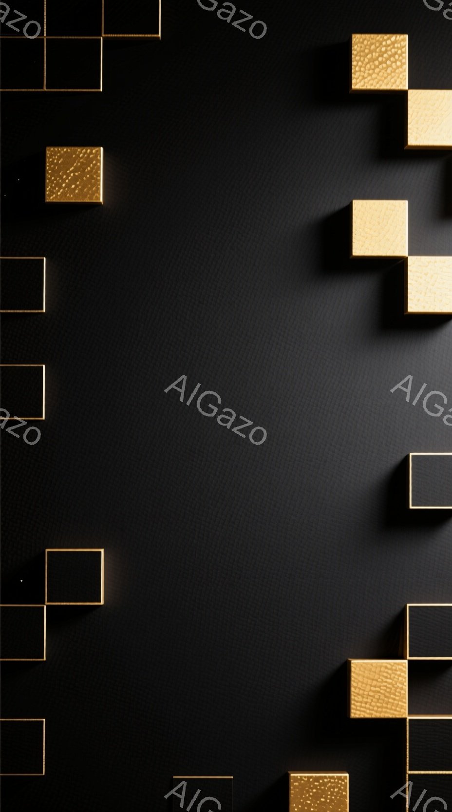 暗い背景に、金色の立方体が不規則に配置されています。立方体はテクスチャがあり、わずかに光沢があり、影が落ちています。全体的に、ミニマルで現代的な雰囲気で、視覚的な面白さを生み出しています。 - AI生成フリー素材