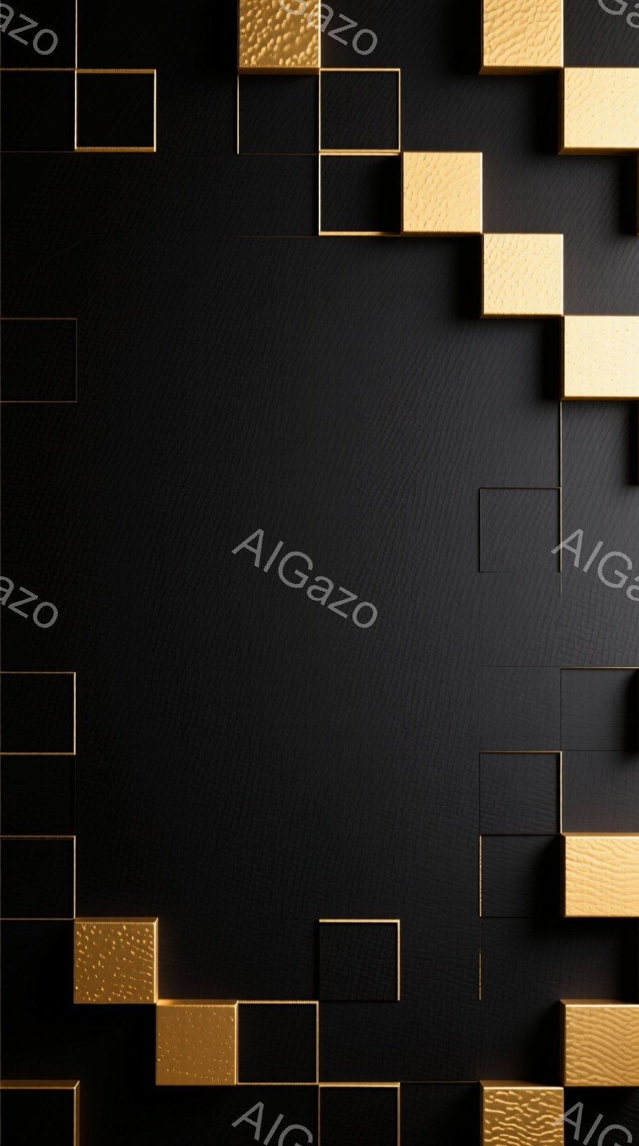 漆黒の背景に、様々なサイズの正方形が立体的に配置されています。一部の正方形は金色のメタリックな質感で、光沢があり、他の黒い正方形とのコントラストが際立っています。全体として、洗練されたモダンな印象を与 - AI生成フリー素材