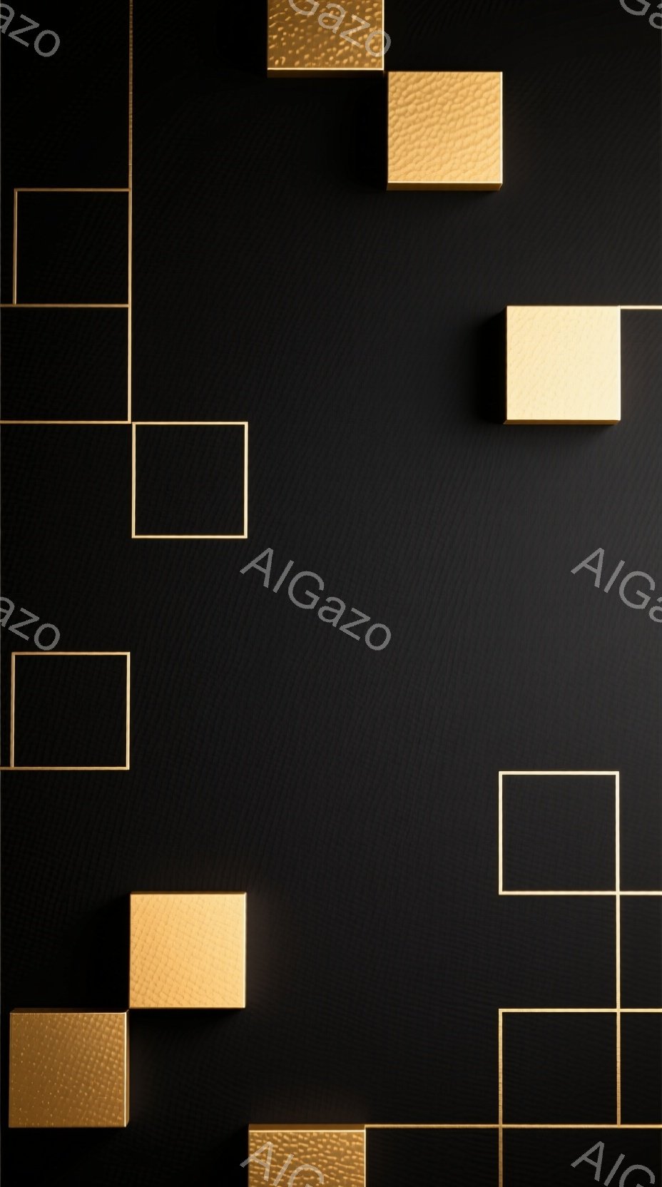 漆黒の背景に、金色の正方形と線が配置された抽象的な構成です。正方形は様々な大きさで、立体的に浮かび上がっており、線はそれらを繋ぐように配置されています。光の当たり方によってテクスチャが強調され、高級感とモダンな雰囲気を醸し出しています。