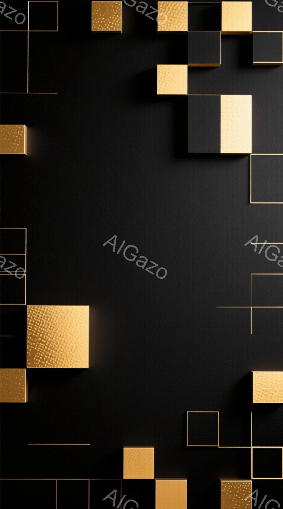 漆黒の背景に、金色の立方体と線が浮き彫り状に配置されています。立方体にはテクスチャが施され、光が当たってわずかに光を反射しています。全体的にモダンでミニマルな印象を与え、高級感と静けさを感じさせる抽象 - AI生成フリー素材