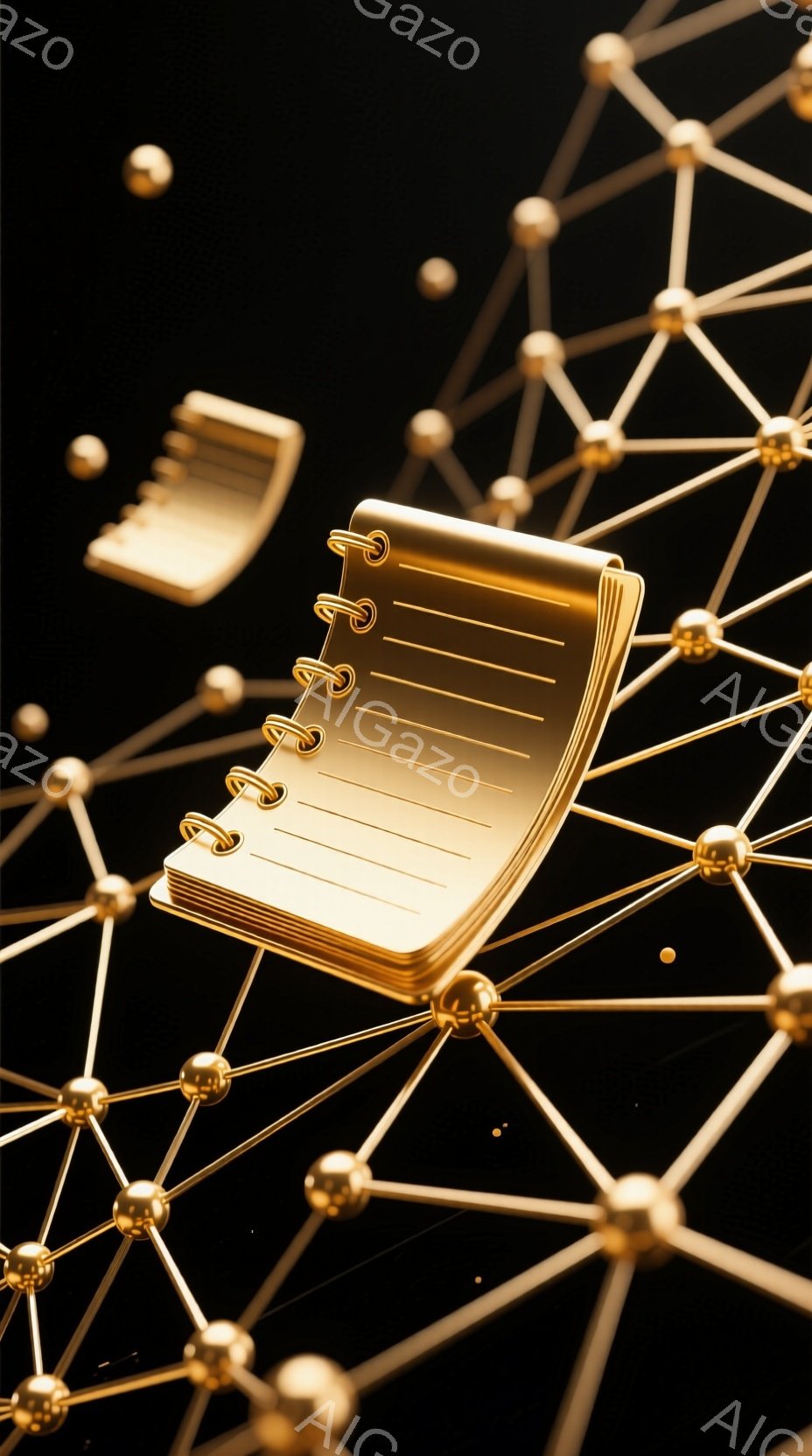 黄金色のノートが、複雑な線と球体で構成されたネットワークの中に浮かんでいます。ノートは開いており、ページにはまだ何も書かれていません。背景は黒く、ネットワークの構造がノートを際立たせており、全体的に洗 - AI生成フリー素材