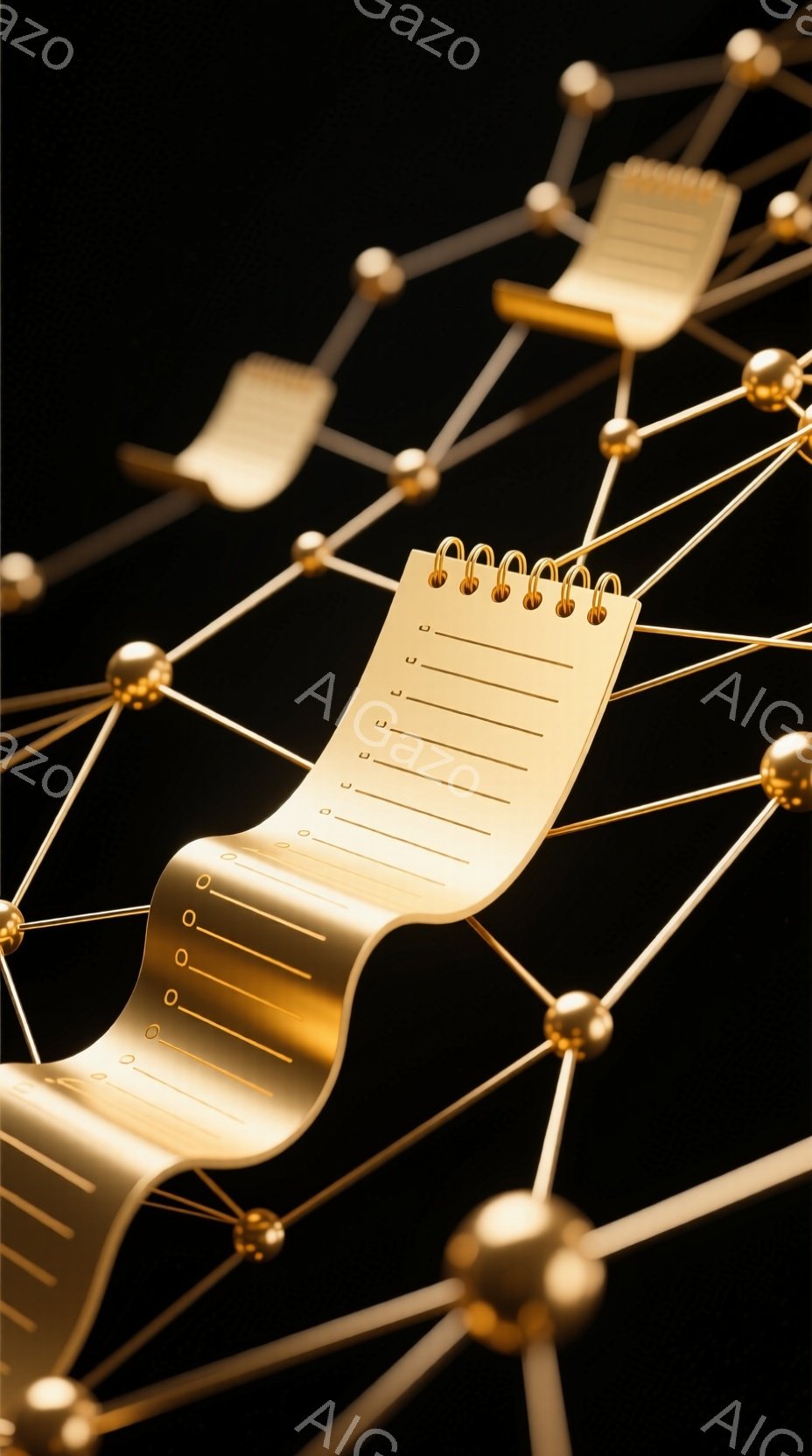 鮮やかな黒い背景に、金色の線で構成された抽象的なネットワークが広がっており、その中に金色のメモパッドが複数、浮遊するように配置されている。メモパッドはページが波打ち、少しカールしており、まるで思考の流れを視覚化したかのようだ。全体的に洗練された雰囲気で、創造性やアイデアの発想を連想させる。