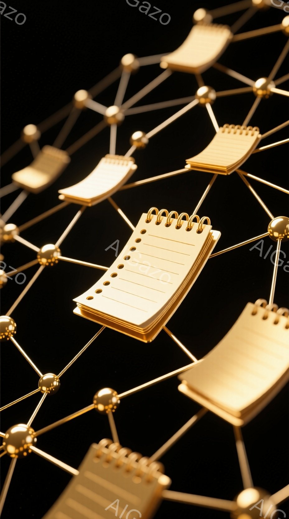 金色のノートと線で構成されたネットワークが黒い背景に浮かび上がっています。ノートはすべて開いており、ページは白く、金色の螺旋綴じが特徴的です。 全体的に、洗練された、抽象的な構成であり、知性やアイデアのつながりを象徴しているかのような雰囲気です。