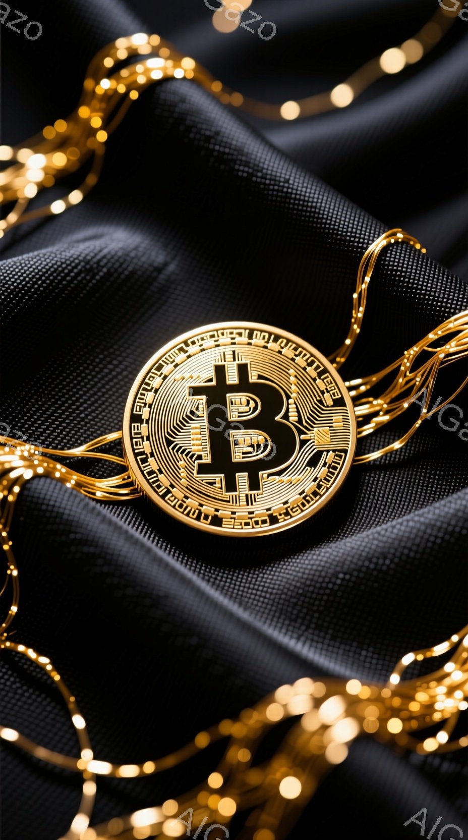 鮮やかな黄金色のビットコインが、黒い布の上に置かれています。布は波打ち、複雑なテクスチャを持ち、ビットコインを囲むように黄金色の糸が絡み合っています。 全体的に、富とデジタル通貨の概念を象徴する、豪華で現代的な雰囲気です。