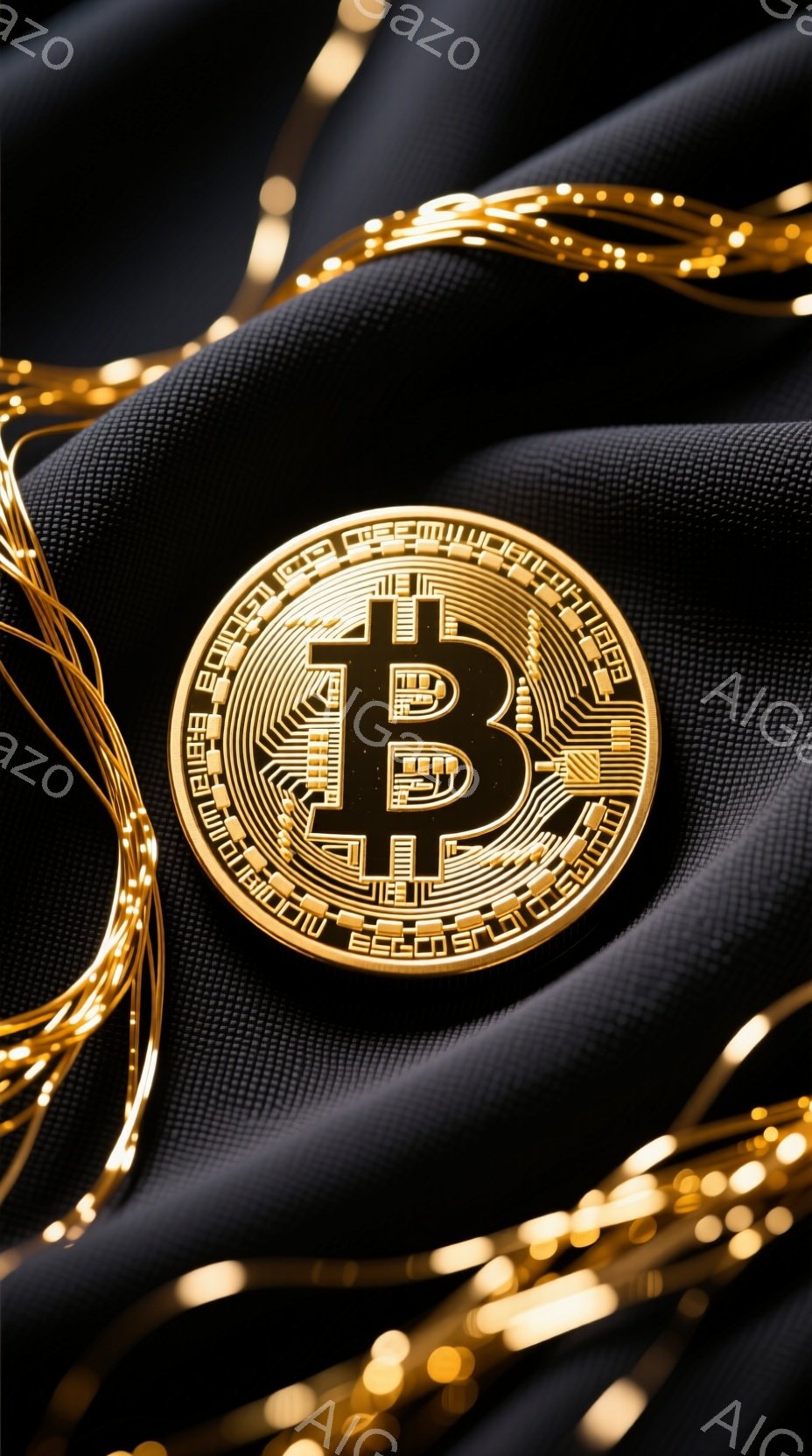 鮮やかな金色のビットコインが、黒いテクスチャード加工の生地の上に置かれています。金色の光ファイバーのようなものが背景にぼやけながら配置され、ビットコインの輝きを強調しています。全体的に、デジタル通貨の富と未来的なイメージを喚起する、洗練された雰囲気の画像です。