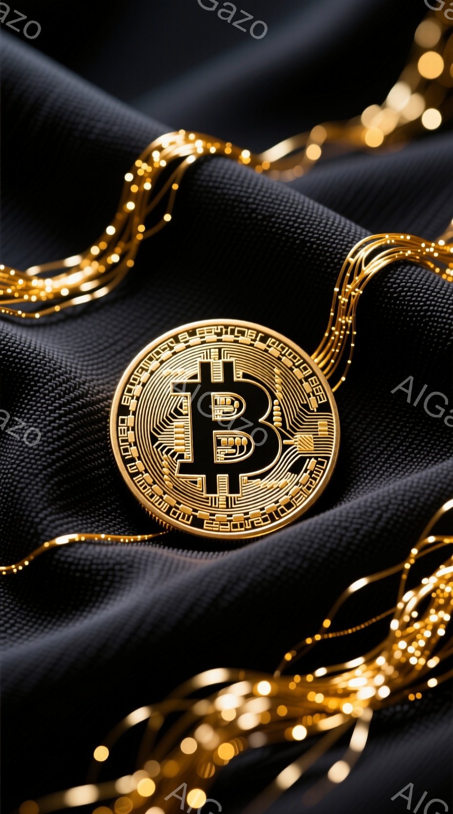 漆黒の布の上にビットコインが配置されており、金色の光ファイバーのような装飾がその周囲を複雑に絡み合っています。ビットコインは鮮やかな金色で、中央に大きな「B」の文字が描かれており、背景の暗い布とのコントラストが際立っています。全体的に高級感とデジタル通貨の未来的なイメージが漂う、静かで神秘的な雰囲気です。