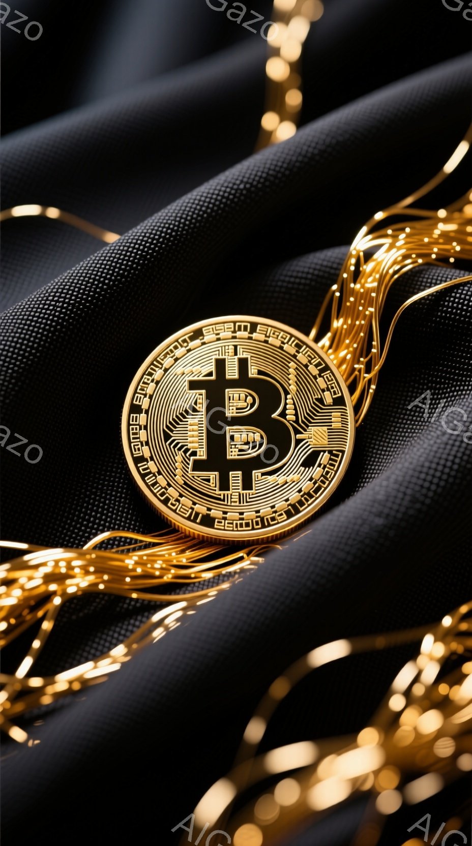 暗い黒色の背景に、金色のビットコインが大きく配置され、その周りを金色の線が複雑に絡み合って流れている様子が描かれています。背景は質感のある生地のようなもので、ビットコインと金色の線が高級感と未来的な印 - AI生成フリー素材