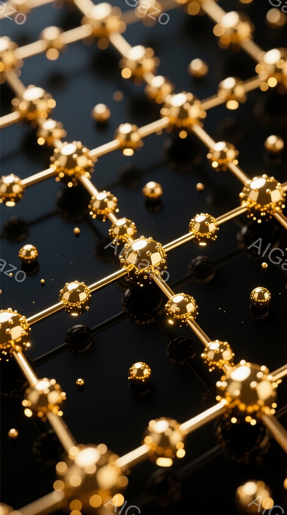 漆黒の背景に、金色の球体と細長いロッドが複雑に繋がったネットワークが広がっている。球体は光沢があり、まるで分子構造や細胞ネットワークを思わせるような印象を与える。全体的に未来的で、洗練された印象であり、科学やテクノロジーを象徴するビジュアルアート作品のようである。