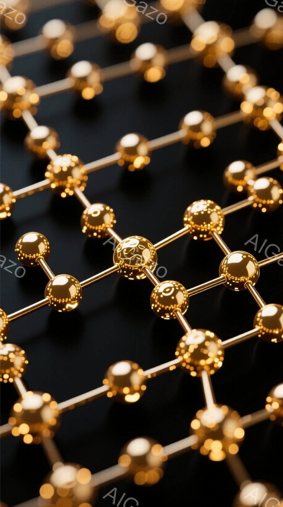 画像は、金色の球体と棒で構成された網目状の構造を捉えています。各球体には、顔のように見えるモチーフが彫刻されており、多様な表情や髪型が表現されています。背景は漆黒で、球体の黄金色が際立ち、どこか神秘的で未来的な雰囲気を醸し出しています。