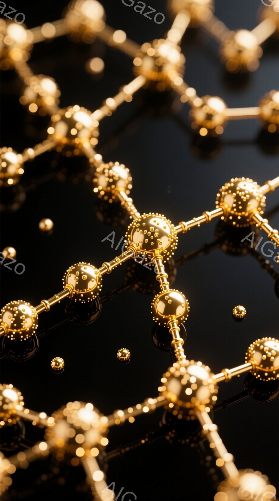 画像は、黒い反射面の上に広がる金色の分子構造のクローズアップです。各分子は、小さな金色の球体で覆われたより大きな球体と、それらを繋ぐ金色の棒で構成されています。全体的に、光沢があり未来的な雰囲気を醸し出し、科学や技術の抽象的な表現となっています。