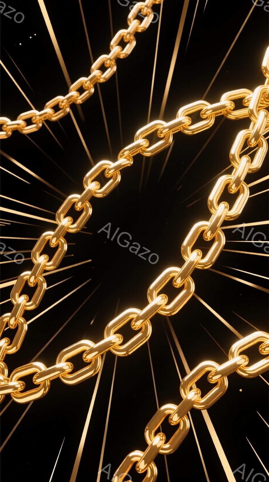 黄金色の鎖が黒い背景を背景に、放射状に広がって配置されている画像です。鎖は明るく輝き、影が落ちて立体感を出しています。背景には、鎖から放射状に伸びる光線が描かれており、ドラマチックな雰囲気を醸し出しています。