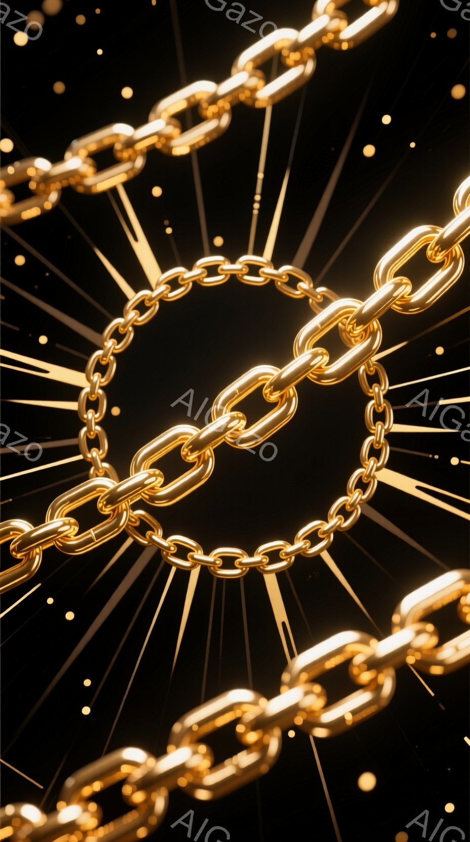 金色のチェーンが、黒い背景の中で立体的に配置され、まるで光の束が放射状に広がっているかのような印象を与える画像です。チェーンは光沢があり、一つ一つが丁寧に作られているのがわかります。背景の光の線がチェーンの存在感をさらに際立たせ、高貴で洗練された雰囲気を醸し出しています。