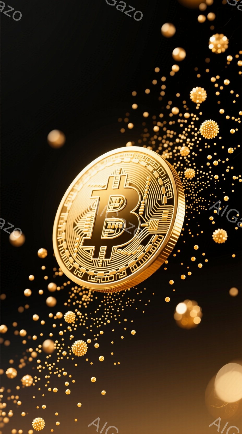 画像は、金色のビットコインが中央に大きく配置され、周囲には小さな金色の粒子が散りばめられています。ビットコインは複雑な回路パターンで装飾されており、背景は暗い色調で、金色の輝きが際立っています。全体的に、富、テクノロジー、そしてデジタル通貨の未来を象徴するような、華やかで洗練された雰囲気です。