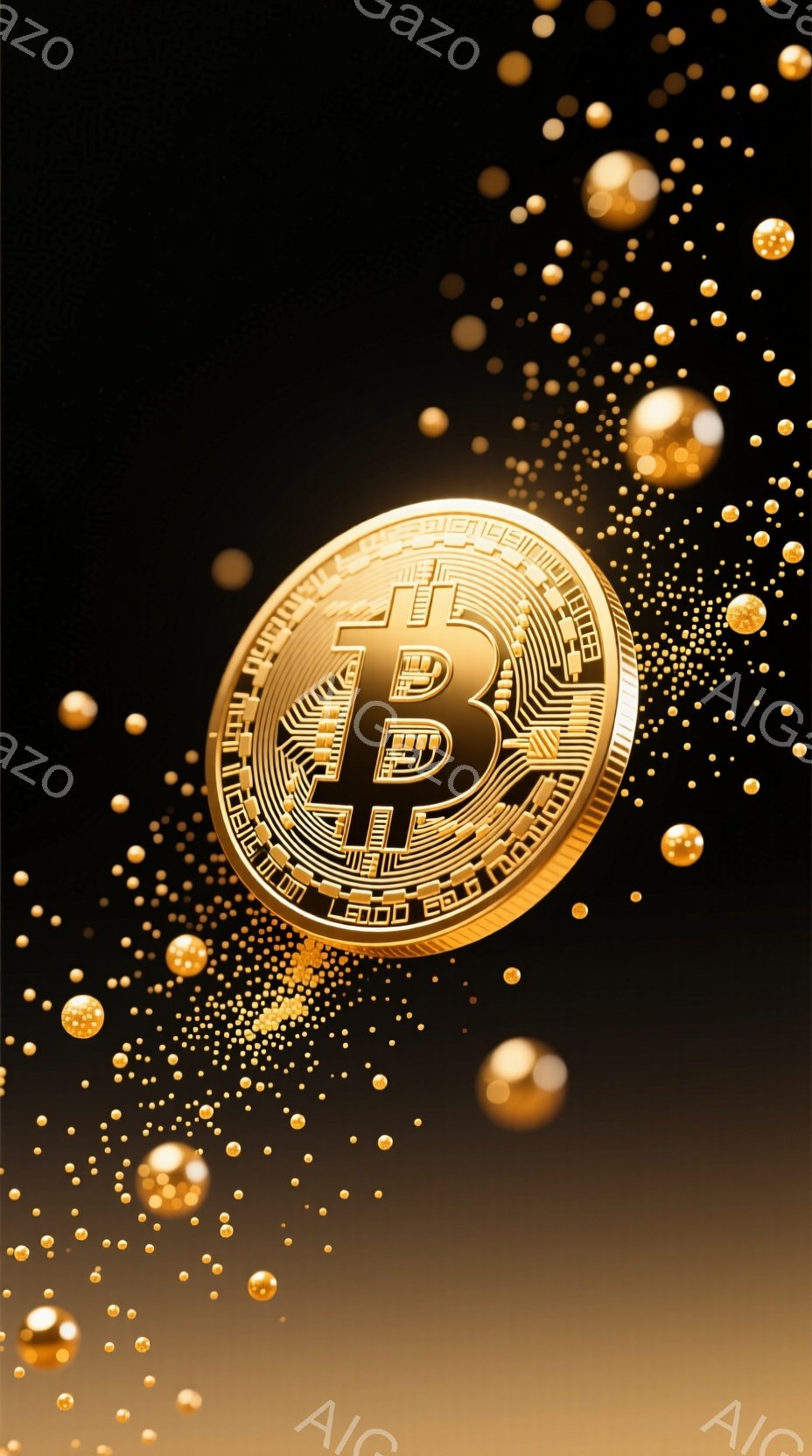 画像は、暗い背景に浮かぶビットコインのシンボルが印象的です。金色のビットコインのアイコンを中心に、きらめく粒子が舞い散り、富とデジタル通貨の華やかさを表現しています。全体的に、豪華で未来的な雰囲気が漂います。