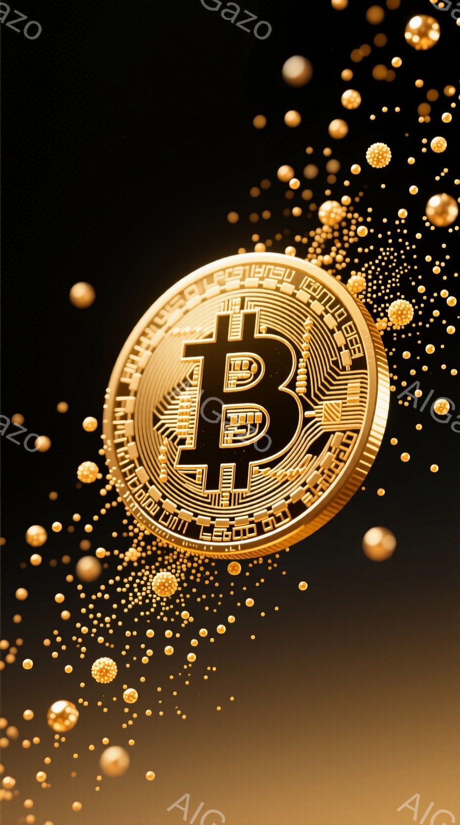 鮮やかな黄金色の背景に、ビットコインのロゴが大きく浮かび上がっています。ロゴの周りには、様々な大きさの金色粒子が散りばめられ、きらびやかな雰囲気を醸し出しています。全体的に富とテクノロジー、そしてデジタル通貨の未来を象徴するような、華やかで印象的なイメージです。