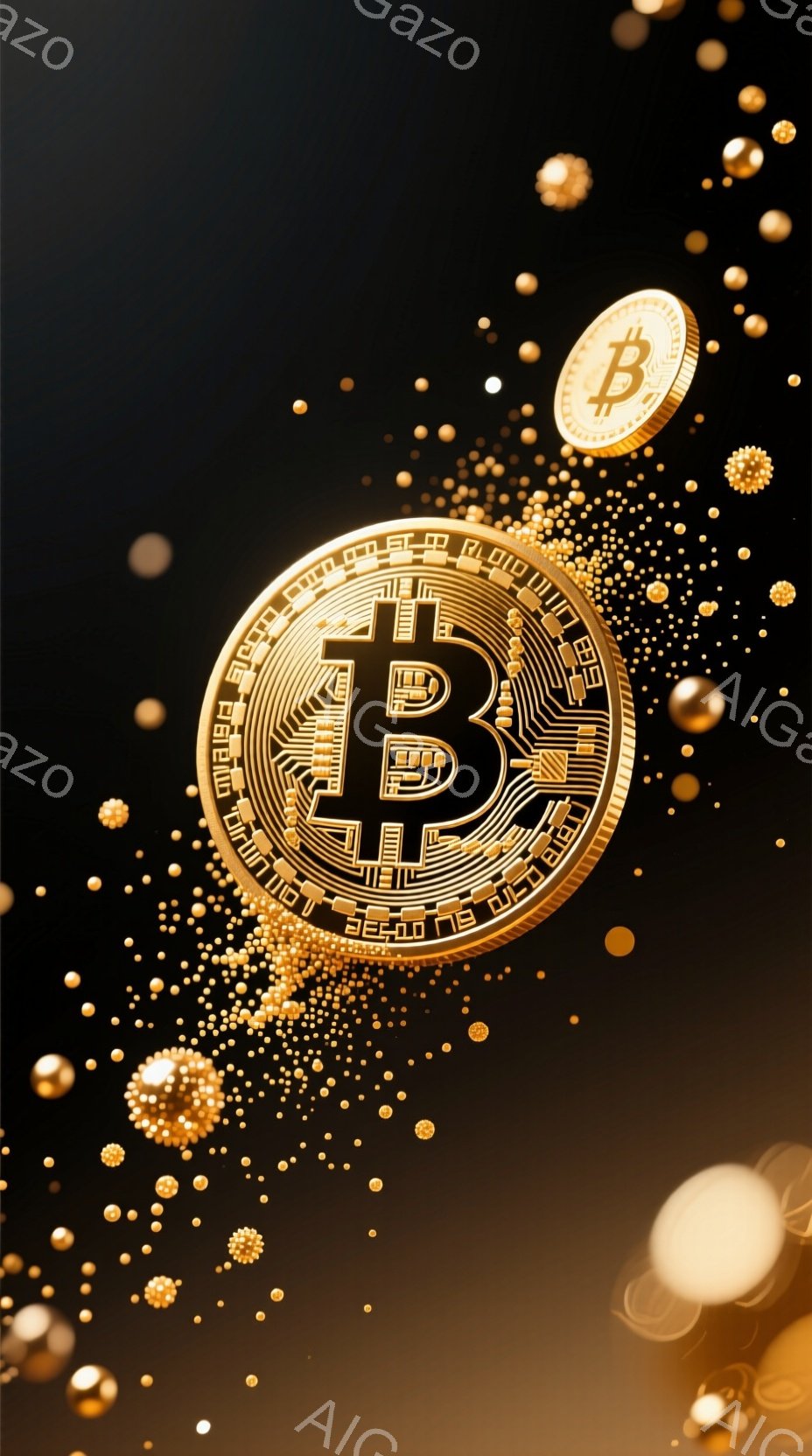 黄金色のビットコインのアイコンが、黒い背景に散りばめられた金色の粒子と共に浮かび上がっています。ビットコインは複雑な回路模様で構成され、未来的な印象を与えます。全体として、富、デジタル通貨、そして革新的な技術を連想させる、華やかで洗練された雰囲気です。