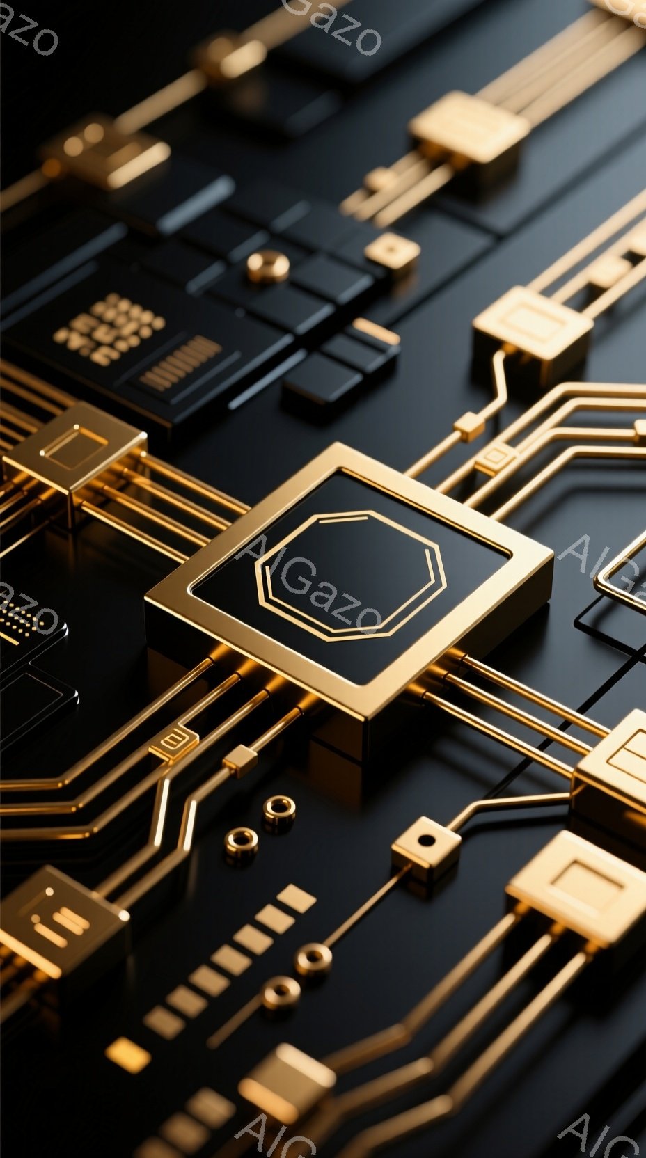 この画像は、黒い背景に金色の回路が複雑に配置された、未来的なテクノロジーの抽象表現です。金色の線は精密に配置され、さまざまな電子部品と接続されており、高級感と洗練された印象を与えます。全体的に、精密さと技術革新を強調した、ミニマルでモダンな雰囲気です。