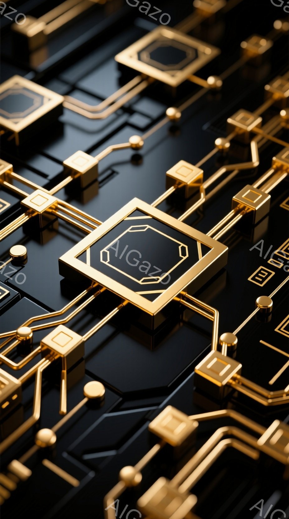この画像は、黒い背景に金色の回路が複雑に配置されたクローズアップ写真です。金色の線や正方形の部品が立体的に配置され、未来的なテクノロジーの印象を与えます。光沢のある質感と影の効果が、精密で洗練された雰囲気を醸し出しています。