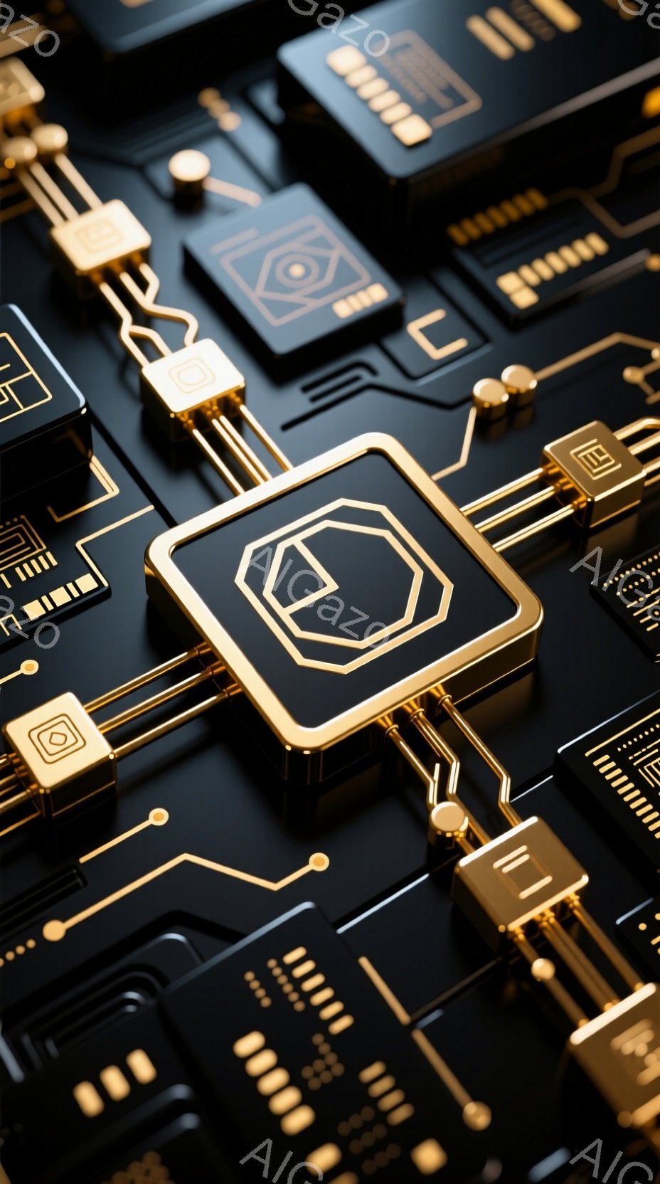 この画像は、黒い基盤に金色の電子回路が複雑に組み合わさった様子を捉えています。回路は様々な形をした電子部品と金色の線で接続され、立体的な陰影が精密な技術を強調しています。全体的に、未来的な技術と洗練さ - AI生成フリー素材