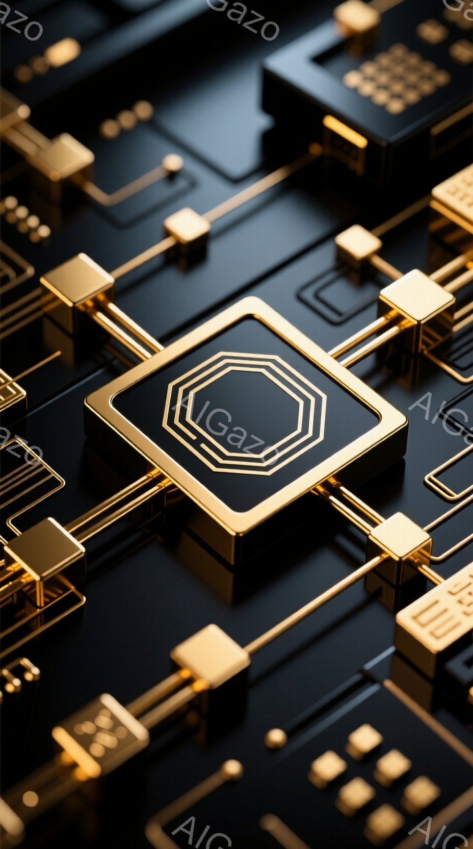 画像は、黒い背景に金色の回路が複雑に組み合わさった様子を捉えています。金色の線が立体的に配置され、小さな金色のブロックや幾何学的な形状が接続されています。全体的に、未来的なテクノロジーや精密機械を連想 - AI生成フリー素材
