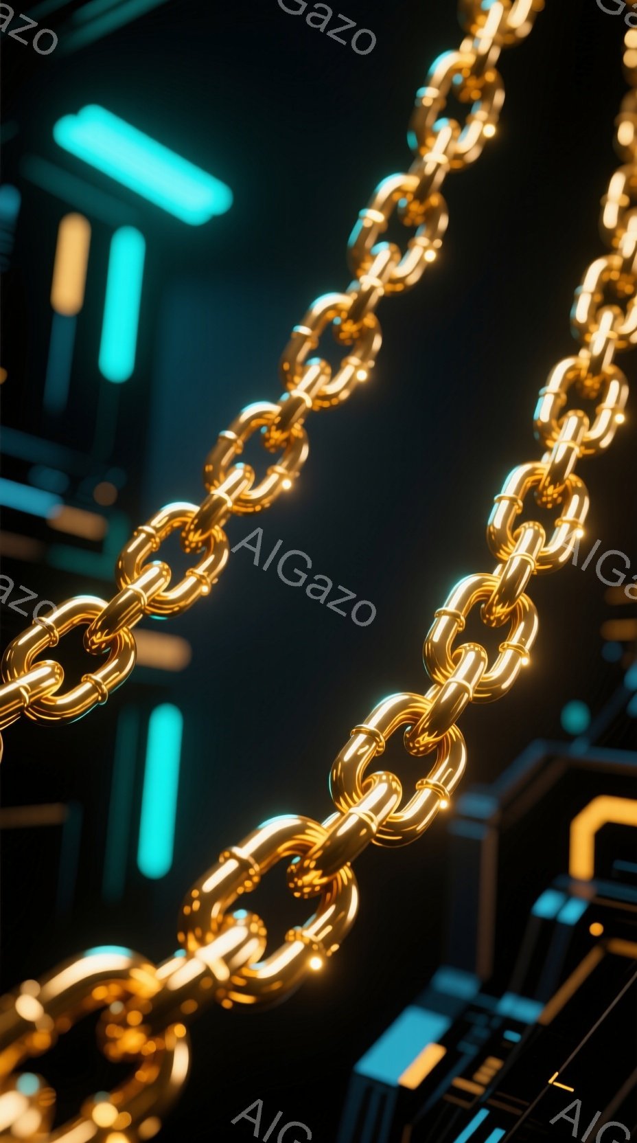 金色の太いチェーンが、暗い背景に浮かび上がっている。背景には、青い光を放つ未来的な構造物がわずかに見える。全体的に、高級感と近未来的な雰囲気が漂う画像である。