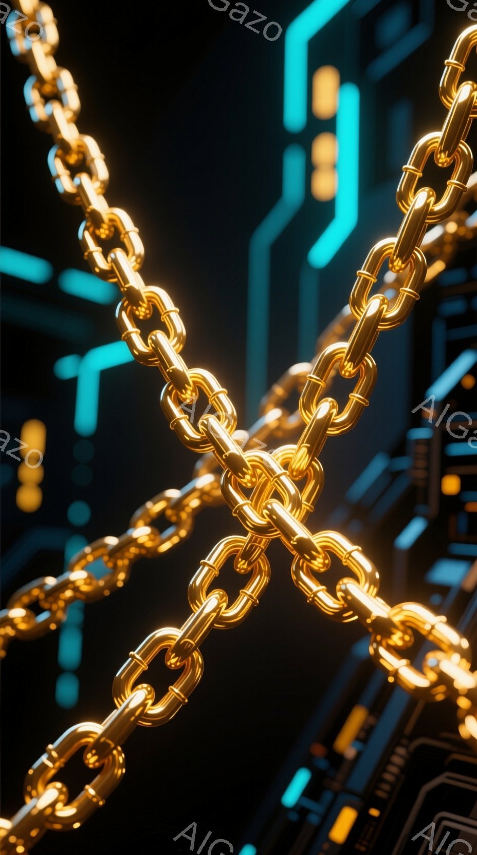 黄金色の金属製のチェーンが、暗い背景の中で複雑に絡み合っている様子が描かれている。背景には、青い発光する回路のような模様が施されており、未来的なテクノロジーの雰囲気を醸し出している。チェーンは光沢があり、細部まで精密に表現されているため、非常にリアルな印象を与える。