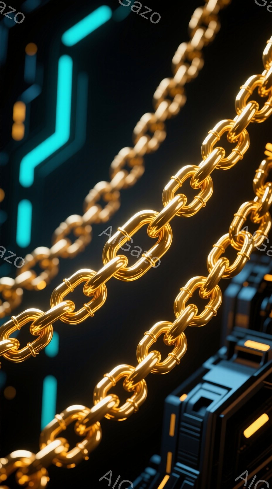 画像は、金色の太いチェーンが、暗い背景に浮かび上がっている様子を捉えています。背景には、青い発光するラインと、黒い立体的な構造物がぼんやりと見え、近未来的な雰囲気を醸し出しています。チェーンは光沢があり、ハイコントラストで、まるでデジタル空間に存在するオブジェのようです。