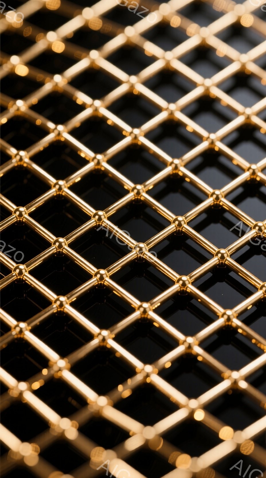 この画像は、金色の金属製の格子状の構造が特徴です。光が格子を通して反射し、背景をぼかした、キラキラとした印象を与えます。全体的に高級感があり、装飾的な雰囲気です。