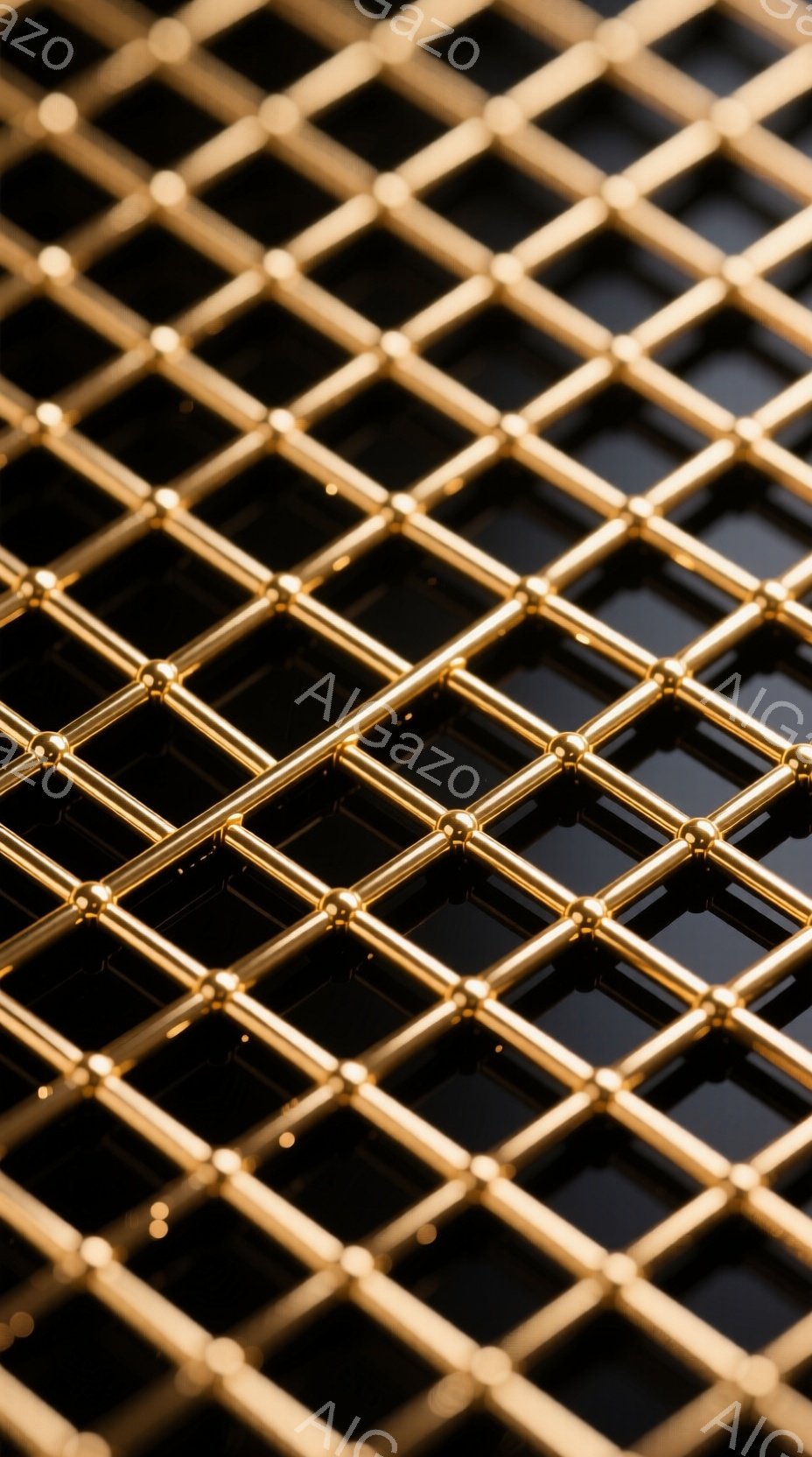 画像は、黒い背景に金色の格子状の構造がクローズアップされたものです。金色の棒が規則的に交差し、光を反射してわずかにぼやけたハイライトを作り出しています。全体的に、この構造は現代的で洗練された印象を与え、幾何学的な美しさを強調しています。