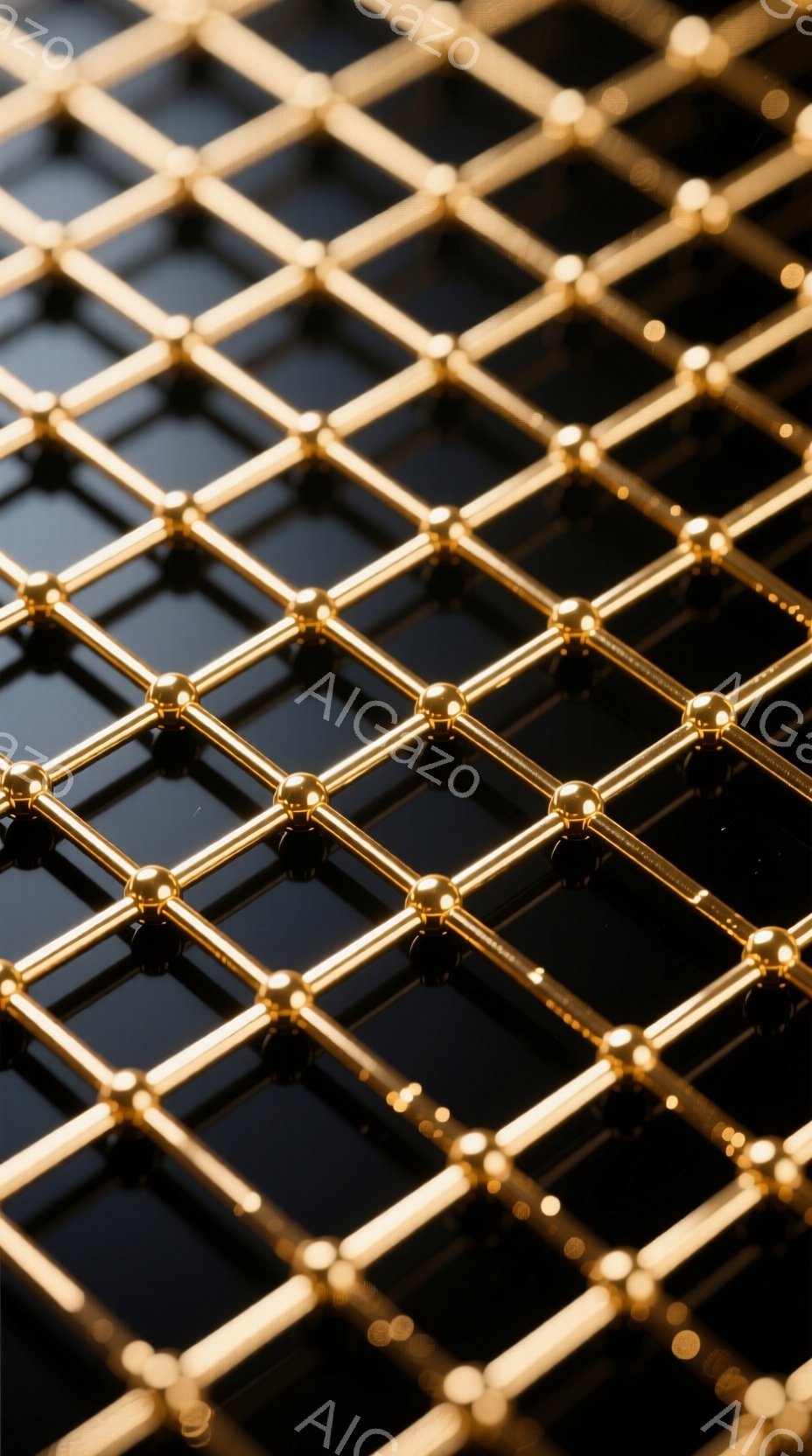 画像は、黒い背景に規則的に配置された金色の棒と球体で構成された格子状の構造を示しています。光沢のある金属の質感と、均一な間隔で並んだ構造が印象的で、まるで分子構造や現代アート作品を思わせます。全体的に、洗練された、未来的な雰囲気が漂っています。
