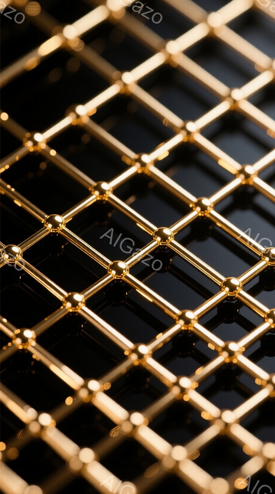 画像は、金色の棒が格子状に組み合わさった抽象的な構造を捉えています。各交差点には、丸い金色の球体が配置されており、光沢があり、モダンな印象を与えます。黒色の背景がコントラストを生み出し、この構造を際立たせています。