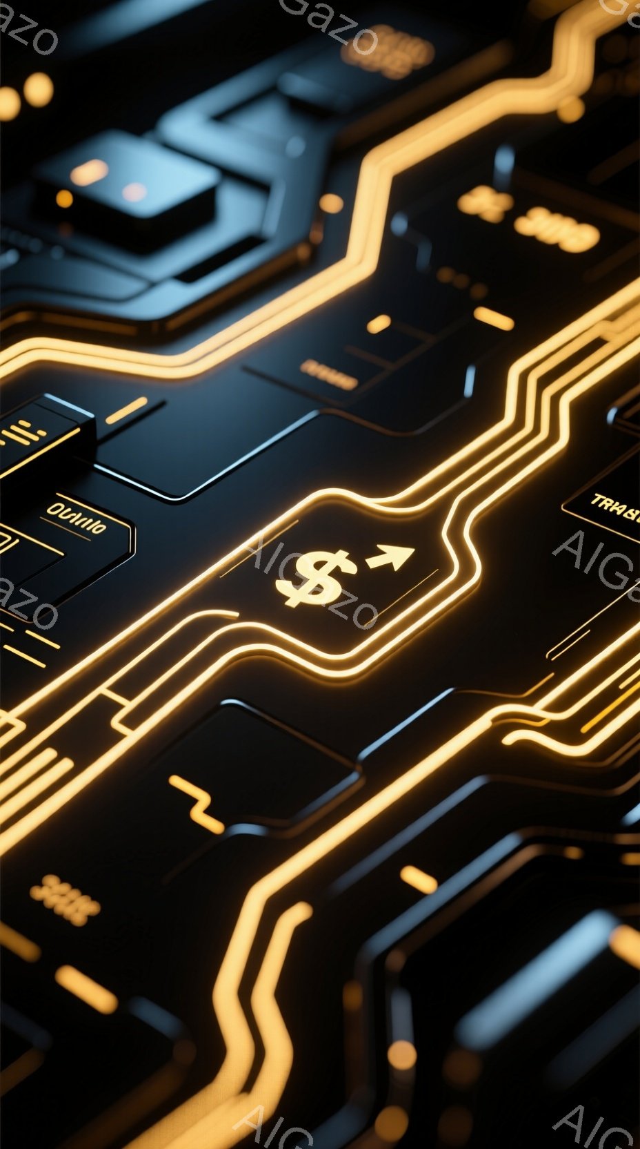 画像は、黒い背景に金色の回路が複雑に絡み合ったデザインで、未来的なテクノロジーを表現しています。金色の線が幾何学的なパターンを描き、一部には「QUANTO」や「TRASM」といった文字が記されています - AI生成フリー素材