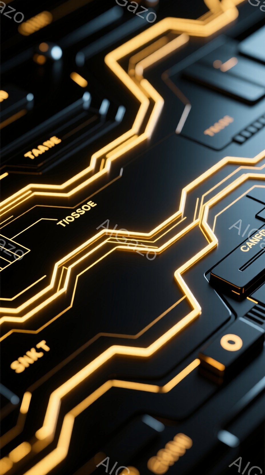 この画像は、暗い背景に蛍光色の回路パターンが複雑に組み合わさったクローズアップ写真です。回路は未来的なデザインで、キーボードの一部や電子機器の内部のような印象を与えます。全体的に、テクノロジー、サイバーパンク、そして先進的な雰囲気が漂っています。