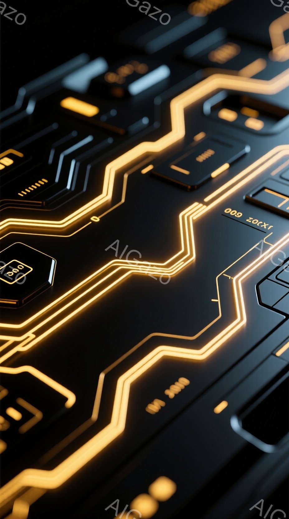 鮮やかなオレンジ色の回路が黒い背景に複雑に配置されています。パターンは未来的なテクノロジーや電子機器を連想させ、光沢のある表面が光を反射して、高度な技術的デザインを強調しています。全体的に、洗練された、近未来的な雰囲気を醸し出しています。