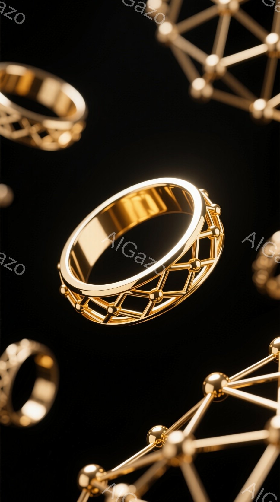漆黒の背景に、金色の幾何学模様のオブジェクトが浮遊している。主要なオブジェクトは装飾的な金色のバンドで、複雑な六角形のパターンが施されている。全体的に、洗練されたミニマリズムと高級感が漂う、現代的なイメージである。