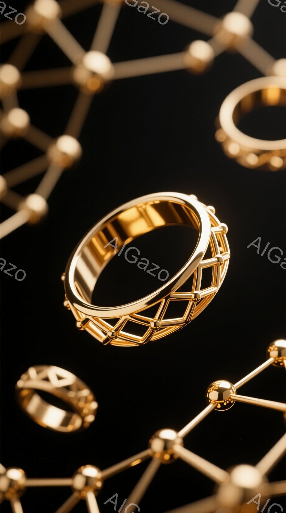 漆黒の背景に、金色の幾何学模様のリングが複数浮かんでいる様子が描かれている。リングは複雑な網目状のデザインで、光沢があり、高級感を漂わせている。背景には、リングと類似の金色の線と球体で構成された構造物が、抽象的な空間を形作っている。