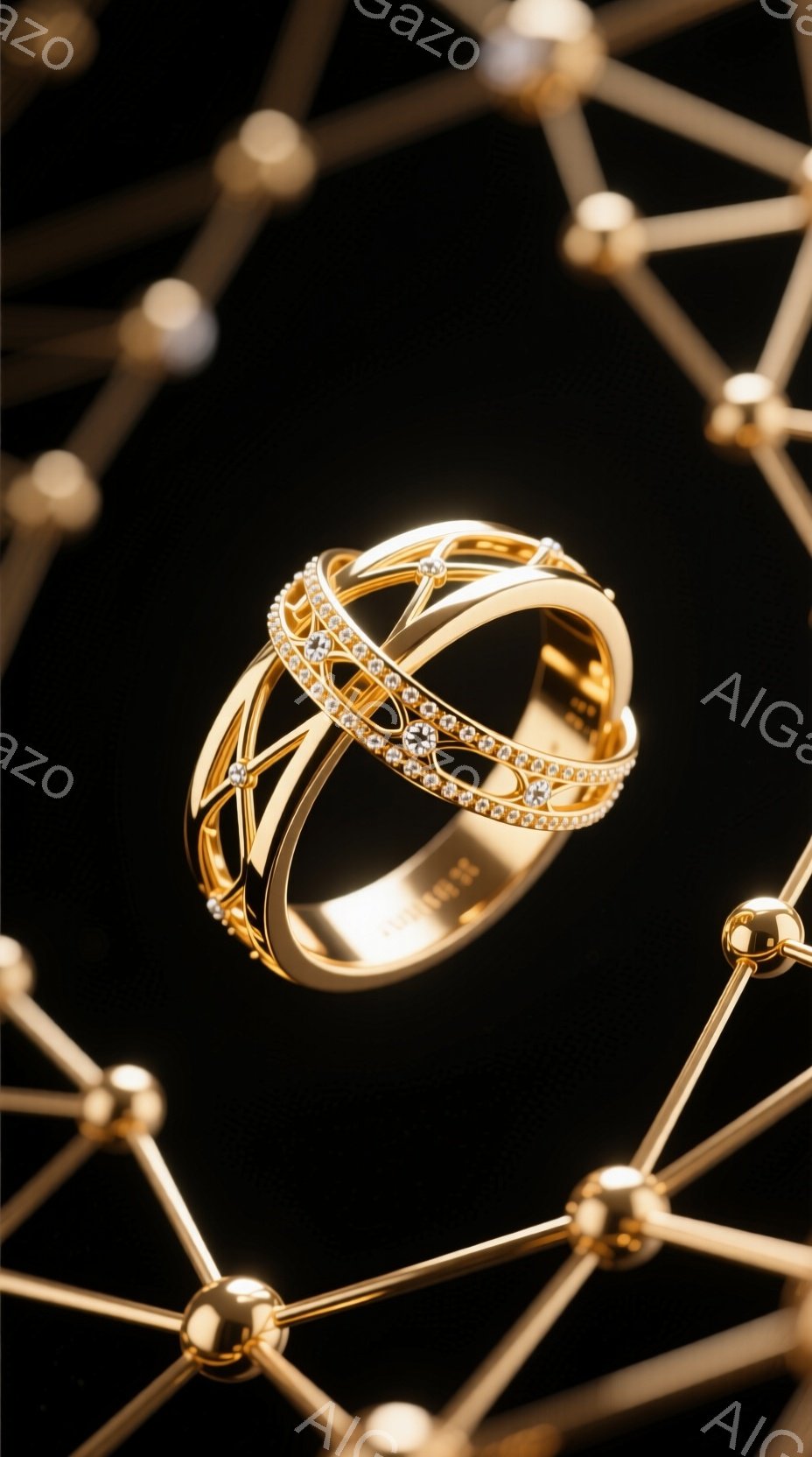 鮮やかなゴールドのリングが、複雑な幾何学模様のフレームに浮かび上がっている。リングは二重構造で、一つは滑らかなバンド、もう一つはダイヤモンドが散りばめられた繊細な装飾が施されている。黒い背景がゴールドとダイヤモンドの輝きを強調し、高級感と洗練された雰囲気を醸し出している。