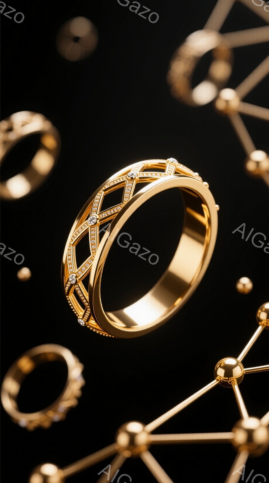 画像は、暗い背景に浮かぶ複数の金色の指輪を描写しています。中央には複雑なデザインの指輪があり、周囲にはよりシンプルで小さな指輪と、金色の線で結ばれた球体のような構造物が配置されています。 全体的に、高級感と洗練された雰囲気を醸し出しており、ジュエリーのプロモーションや広告に使用される可能性のあるイメージです。