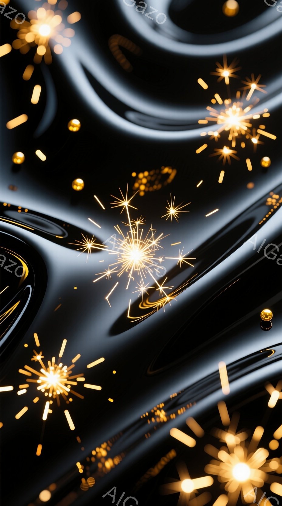 暗い背景に、金色の花火のような光の粒子が散りばめられています。それらはまるで流れるリボンのように、うねる暗い背景を飾り立てています。 全体的に、幻想的で夜空を連想させる、華やかな雰囲気です。