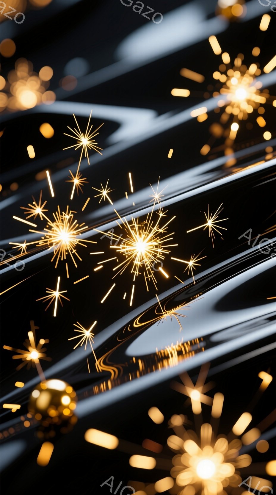 暗闇の中に、星のような輝きを放つ光の筋と花火のような光が散りばめられています。光の筋は流れるように曲がり、画面全体に動きと奥行きを与えています。全体的に、神秘的で夢幻的な雰囲気が漂っています。