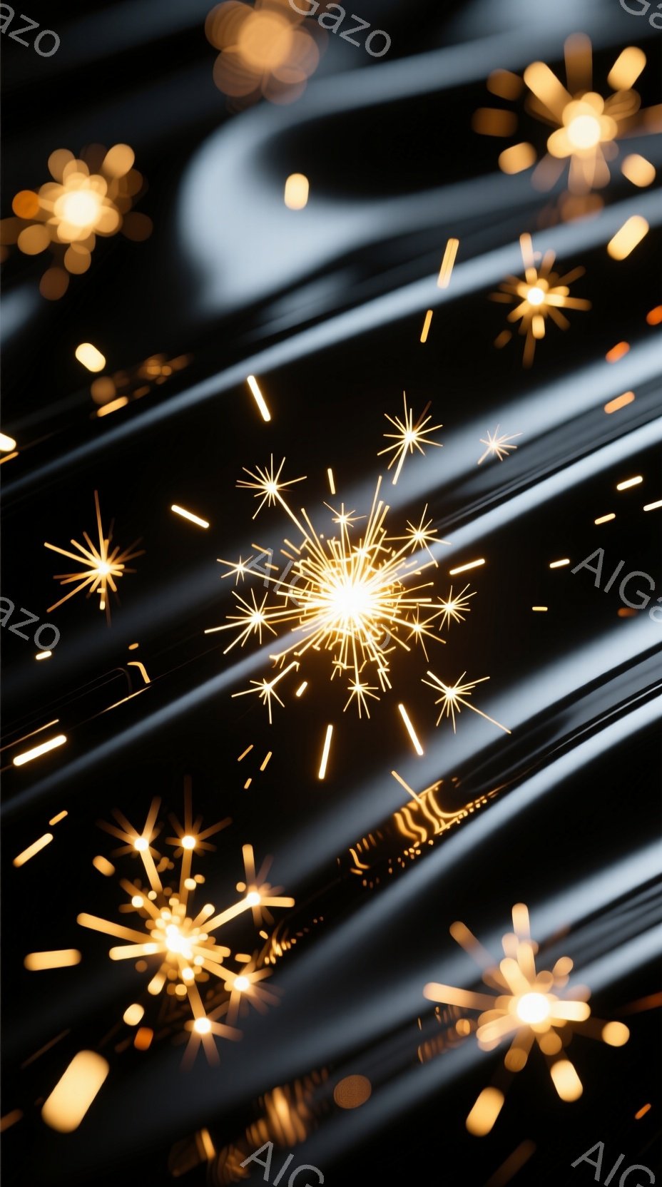 暗い背景に、星のような光の筋と、花火のような光の球体が散りばめられています。光の筋は動きのある軌跡を描き、光の球体は鮮やかな輝きを放ち、夜空を彩る光景を連想させます。全体的に幻想的で、お祝いやイベント - AI生成フリー素材