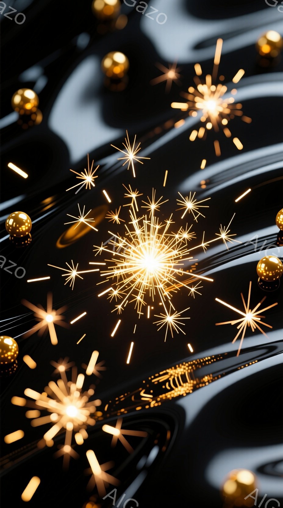 暗い背景に、金色の輝きを放つ花火のような光が散りばめられています。光は星型や線状のものが混ざり、まるで夜空に咲く花火のようであり、金色の球体が背景に浮かんでいます。全体的に、神秘的で華やかな雰囲気が漂い、お祝いやイベントのシーンを連想させます。