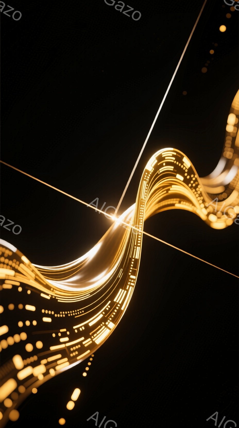 暗闇の中に、鮮やかな金色の光の線が流れるように描かれている。光は、複雑な回路のようなパターンを持ち、まるでエネルギーの流れやデータの可視化を表現しているかのようだ。全体的に未来的な雰囲気で、光と影のコ - AI生成フリー素材