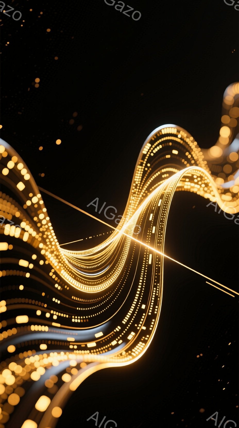 暗闇の中に、光の線が放射状に広がる様子が描かれています。これらの線は、まるでデータストリームのように、明るい黄色の粒子で構成されており、未来的な印象を与えます。背景は漆黒であり、光の線が際立って見え、神秘的でテクノロジー感あふれる雰囲気を醸し出しています。