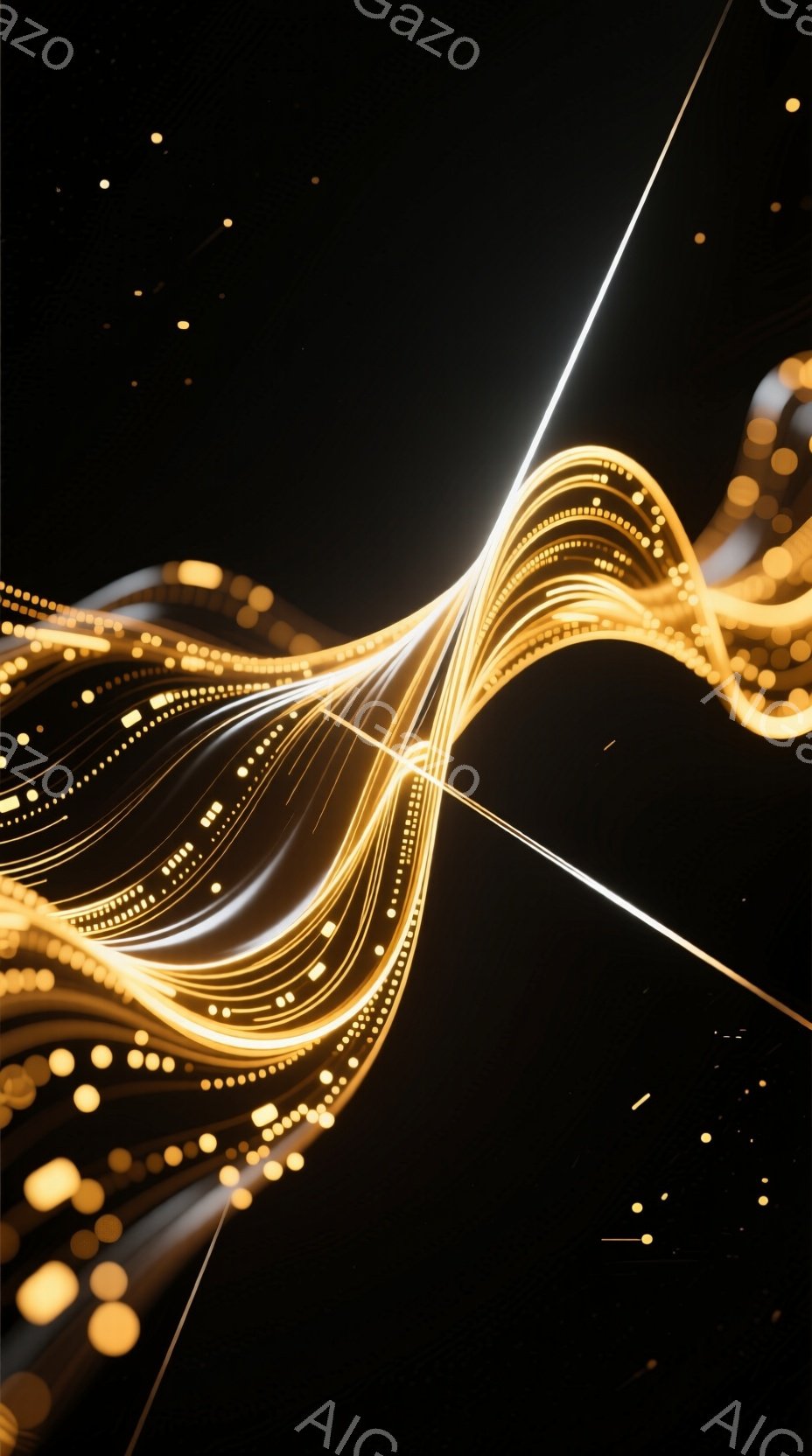 暗闇の中に、金色の光の線が複雑に絡み合い、流れるような軌跡を描いている。光の線は、まるでエネルギーの流れやデータの視覚化のように、不規則でありながらも調和のとれたパターンを形成している。背景は漆黒で、光のコントラストが際立ち、神秘的で未来的な雰囲気を醸し出している。