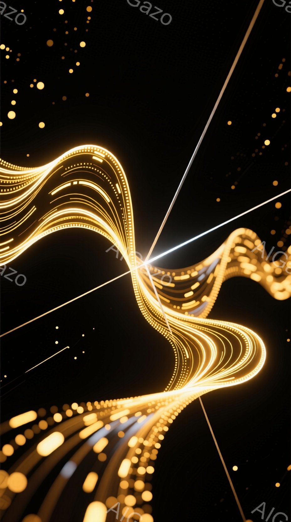 暗闇の中に金色の光の線が複雑に絡み合い、流れるような曲線を描いている。光線は点線状で、まるでエネルギーの流れや軌跡を表現しているかのようだ。背景は漆黒で、光の輝きがより際立ち、未来的な雰囲気を醸し出し - AI生成フリー素材
