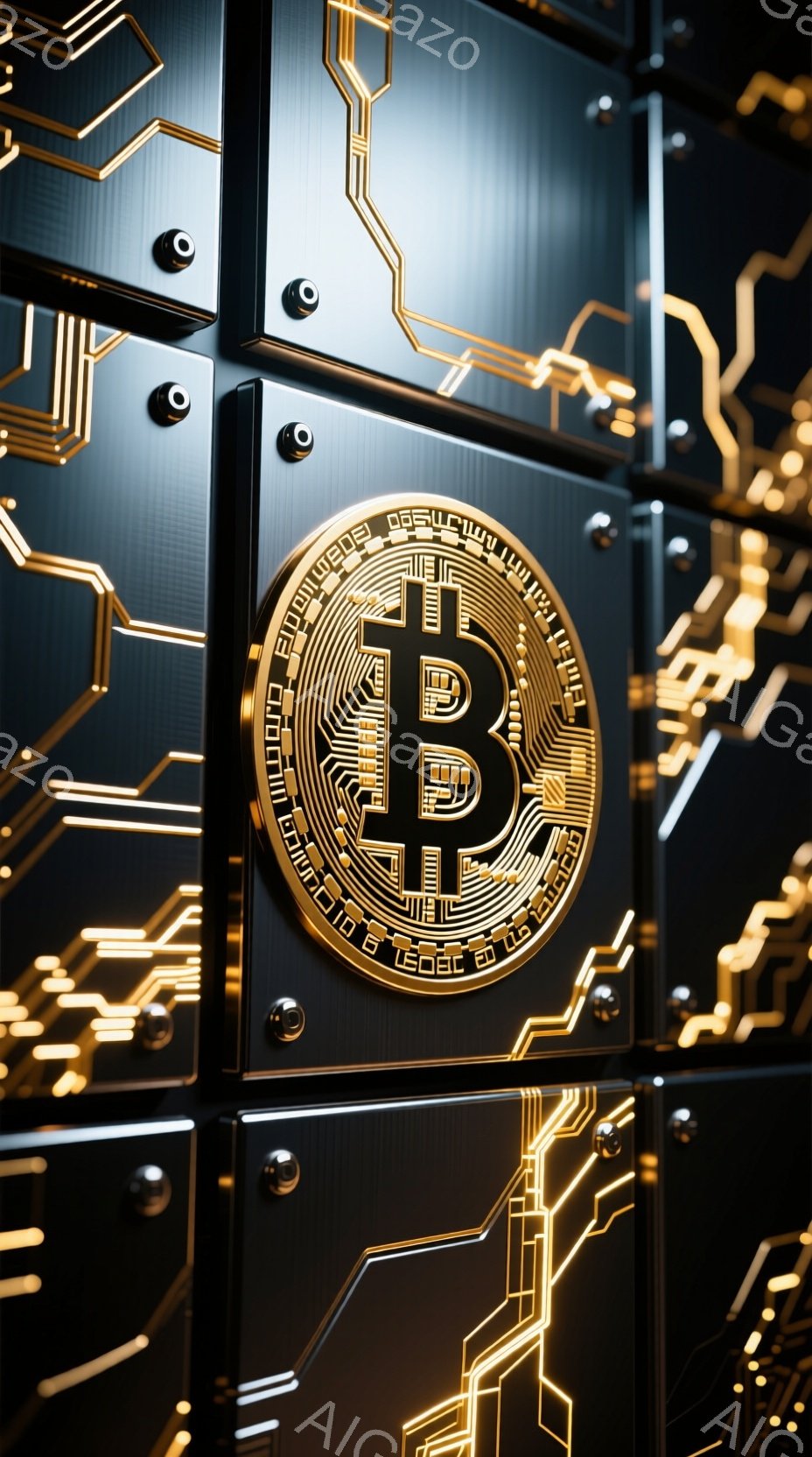 濃い黒色の背景に、金色のビットコインのロゴが中央に配置されています。背景は複雑な回路パターンで覆われており、技術的で未来的な印象を与えます。ロゴは金属的な質感で、立体感があり、周囲の回路パターンとのコントラストが強調されています。