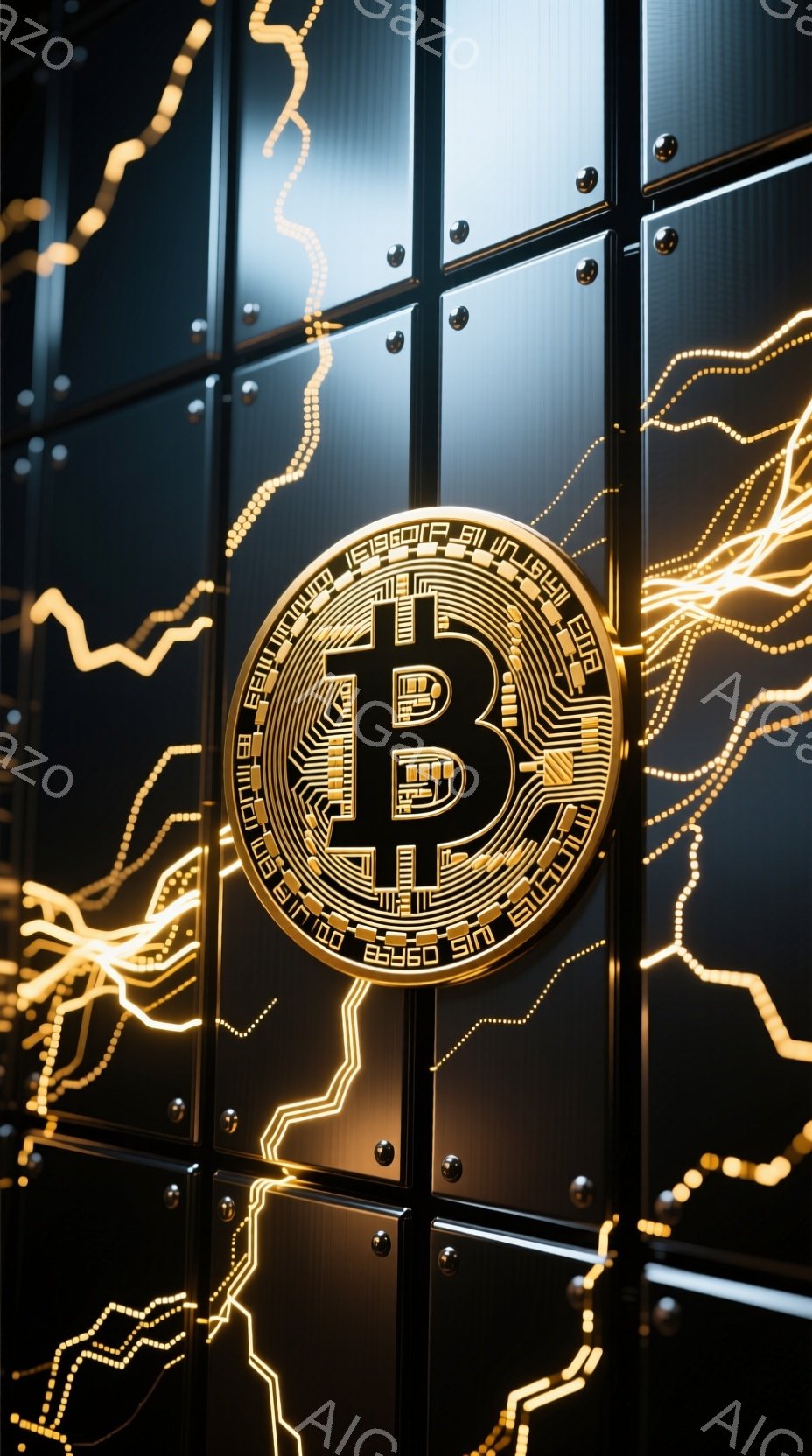 画面には、暗い金属製の壁に配置されたビットコインのシンボルが描かれています。シンボルの周囲には、稲妻のような金色の光が放射状に広がっており、未来的な印象を与えます。暗い背景と光のコントラストが、ビットコインの革新性とエネルギーを強調しています。