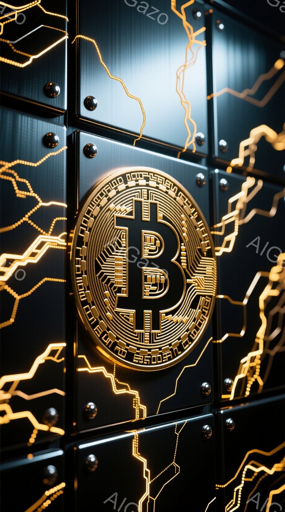 表面は金属製のパネルで構成され、複雑な配線模様が刻まれています。パネルの中心には、金色のビットコインのロゴが立体的に配置されており、ハイテクかつ未来的な印象を与えます。全体的に暗い背景に金色のラインが光り、近未来的なエネルギーを感じさせます。
